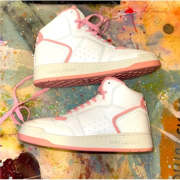 Saint Laurent White and Pink High-Top Sneakers